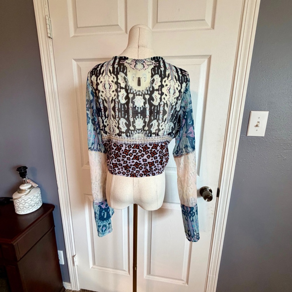 Free People Lavender Sky Combo Mixed Print Hook Eye Crop Boho Top Women's XL - Picture 3 of 9